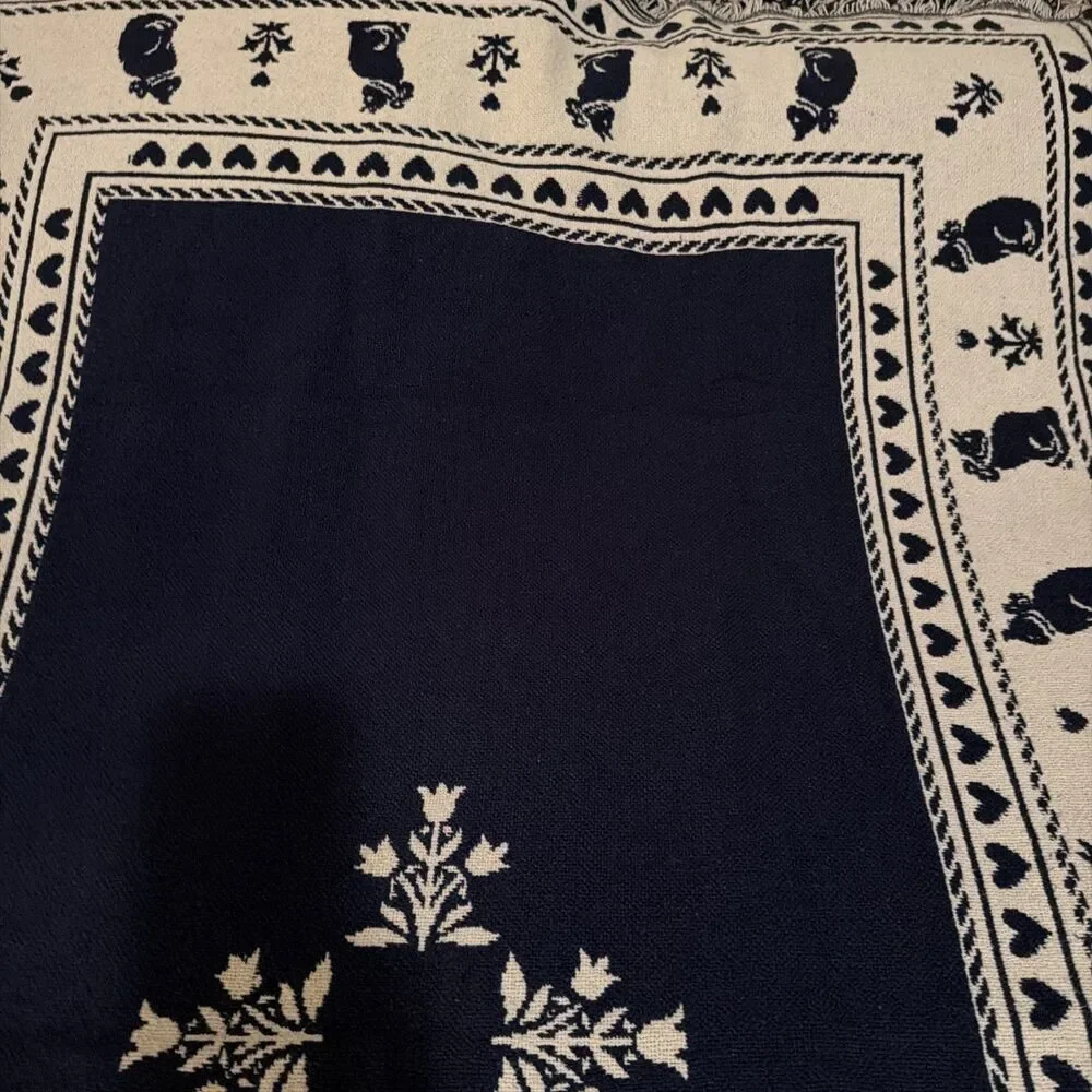 Vtg Cat Throw Blanket Woven Cotton Blue Cream Heart Reversible Grandmacore 45x66